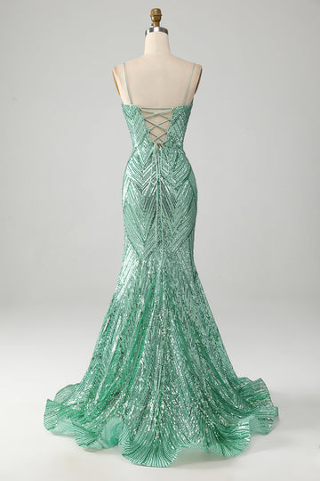 Sparkly Green Sequins Lace-Up Back Long Mermaid Prom Dress med Slit